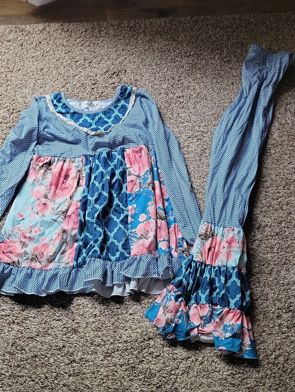 Nannette Blue & Pink Floral Patchwork Long Sleeve Top With Leggings